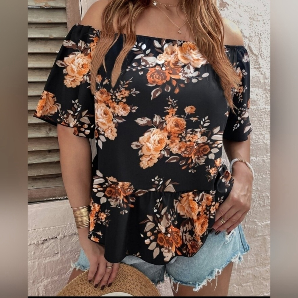 Plus Floral Print Off The Shoulder Blouse